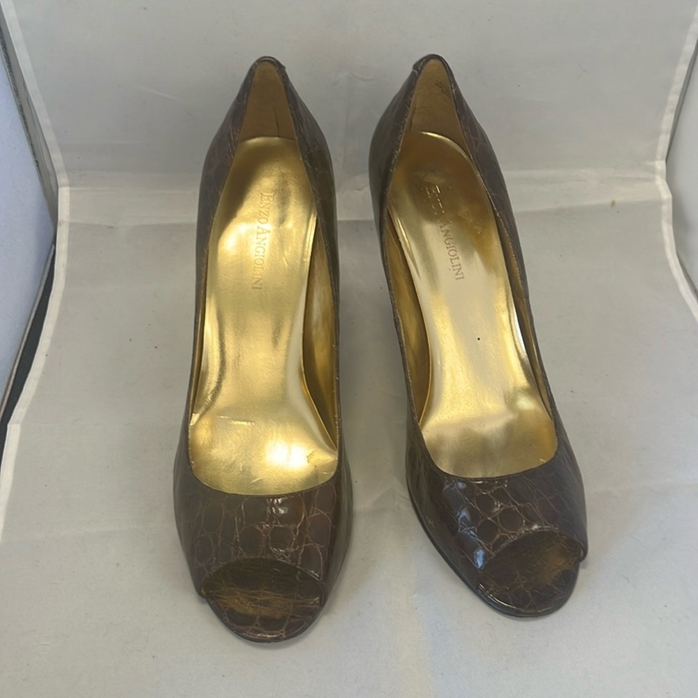 Enzo Angiolini leather croc embossed open toe pump.